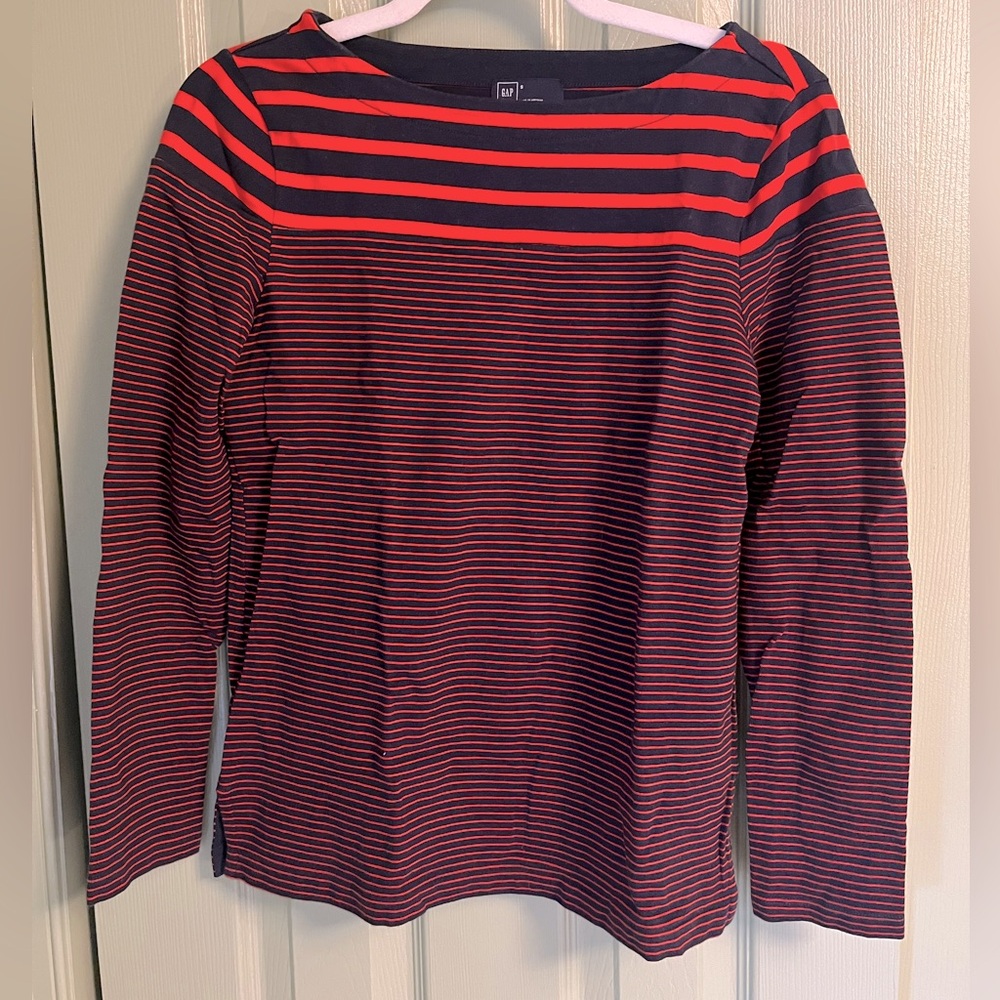 GAP Womens Red & Navy Boat Neck Striped Nautical CottonLong Sleeve | Size S